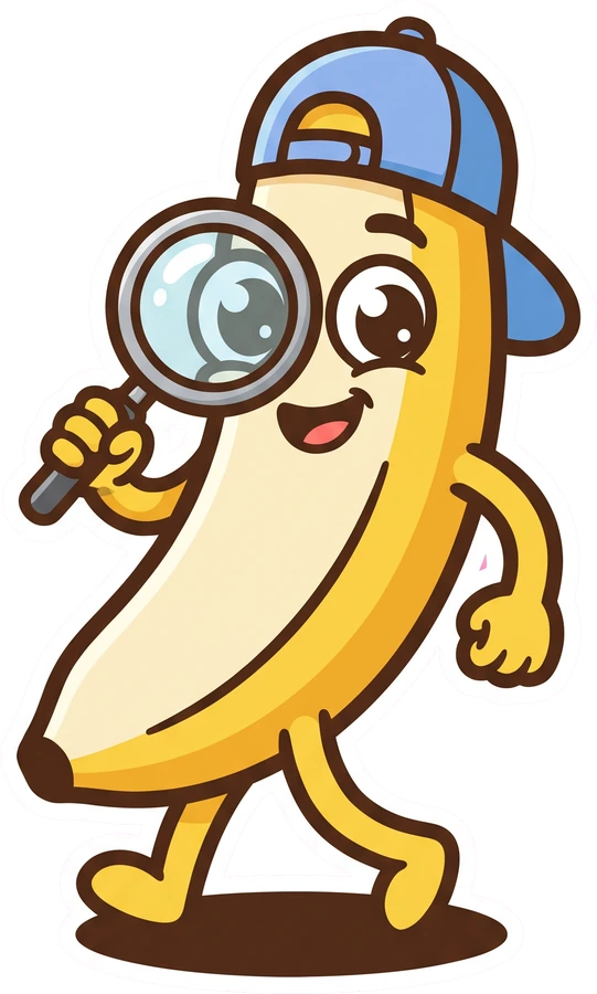 BananaLead mascot, a banana in a blue cap holding a magnifying glass